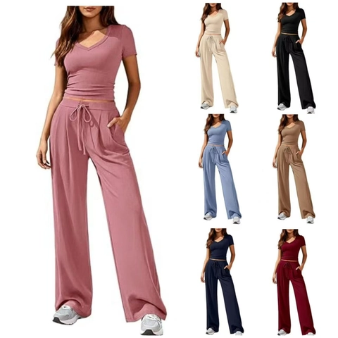 Damen Casual Geripptes V-Ausschnitt Kurzarm Oberteil Und Kordelzug Weites Bein Hose Lounge Anzüge Hauskleidung Sets