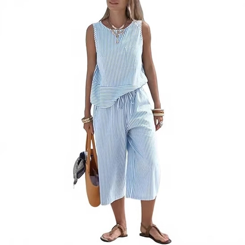 Dames Gestreepte Set Mouwloos Ronde Hals Top En Wijde Pijpen Cropped Broek Casual Strand Vakantie Zomer Viscose Outfit