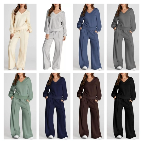 Combinación De Sudadera Casual Para Mujer Y Pantalones De Pierna Ancha Cuello En V Manga Larga Jersey Cintura Alta Cordón Pantalones