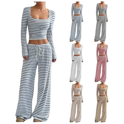 Damen Gestreift Langarm Crop Top Und Hohe Taille Weites Bein Hose Casual Rippenstrick Lounge Wear Outfit