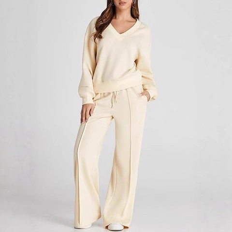 Combinación De Sudadera Casual Para Mujer Y Pantalones De Pierna Ancha Cuello En V Manga Larga Jersey Cintura Alta Cordón Pantalones