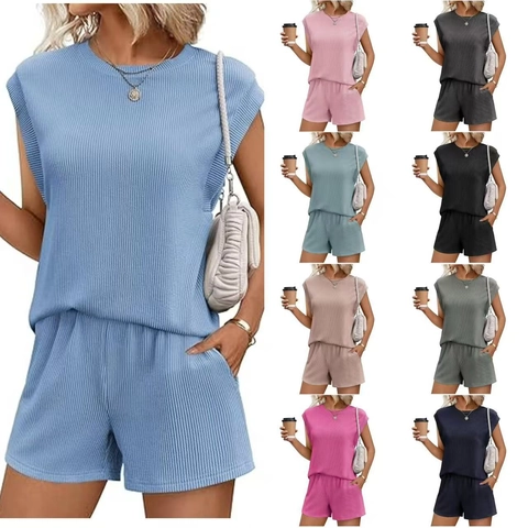 Women Sleeveless Ribbed Knit Lounge Set Casual Round Neck Top And Bottom With Pockets For Summer Beach Vacation Loungewear