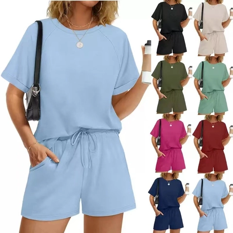 Women Casual Polyester Solid Color Round Neck Short Sleeve Top And Drawstring Shorts Summer Loungewear Outfit