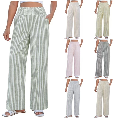 Women's Striped High Waisted Wide Leg Pants Smocked Elastic Waist Casual Loose Straight Trousers With Pockets Streetwear