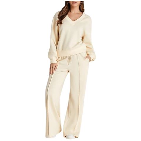 Completo Due Pezzi Casual da Donna con Scollo a V Tinta Unita Felpa a Maniche Lunghe e Pantaloni a Gamba Larga Loungewear