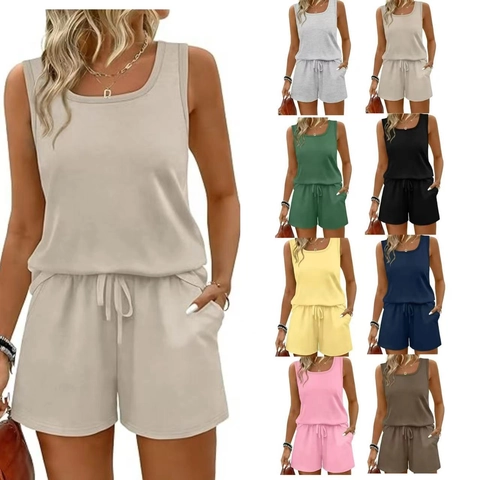 Completo Due Pezzi Casual Estivo da Donna Canotta Senza Maniche Girocollo e Pantaloncini con Coulisse e Tasche Tinta Unita