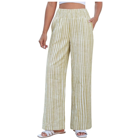 Women's Striped High Waisted Wide Leg Pants Smocked Elastic Waist Casual Loose Straight Trousers With Pockets Streetwear