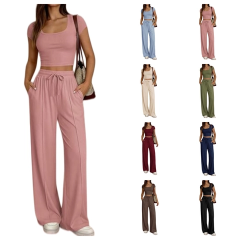 Women Casual Ribbed Short Sleeve Crop Top And High Waist Wide Leg Pants Outfit Minimalist Comfortable Lounge Co-ords