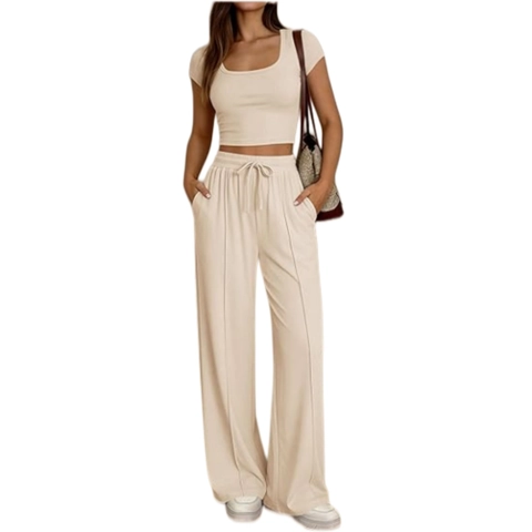 Women Casual Ribbed Short Sleeve Crop Top And High Waist Wide Leg Pants Outfit Minimalist Comfortable Lounge Co-ords