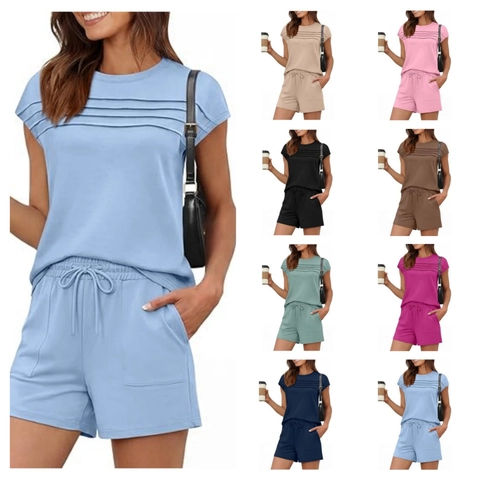 Damen Casual Sommer Oberteil Und Shorts Plissee Rundhalsausschnitt Kurzarm T-Shirt Und Kordelzug Shorts Einfarbig Lounge Outfit