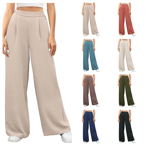Damen High Waist Hose Mit Weitem Bein Lässige Fließende Lange Hose Mit Taschen Texturierte Plissierte Sommerurlaub Arbeit Hose