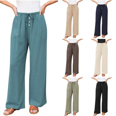 Pantalons à Jambes Larges Taille Haute pour Femmes Cordon de Serrage Sensation Coton Lin Pantalons Longs Amples Avec Boutons Poches
