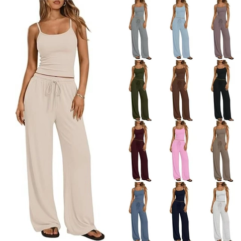 Women Casual Ribbed Cami Tank Top And High Waist Wide Leg Drawstring Pants Outfits Summer Lounge Wear Solid Color Clothes