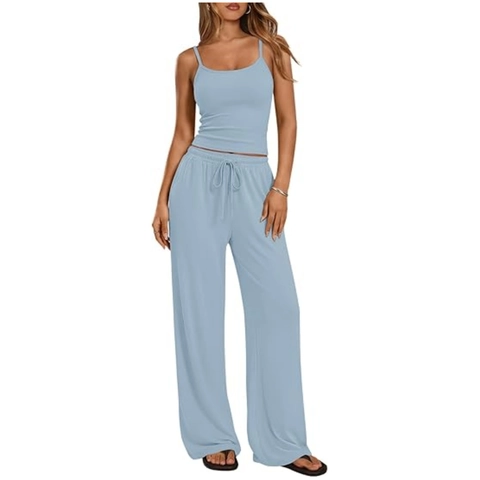 Women Casual Ribbed Cami Tank Top And High Waist Wide Leg Drawstring Pants Outfits Summer Lounge Wear Solid Color Clothes
