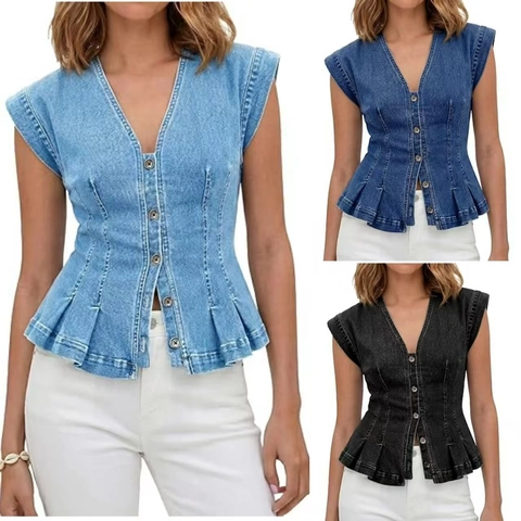 Women's V-Neck Denim Vest Top Casual Button Down Slim Fit Peplum Sleeveless Denim Blouse Light Dark Blue Black Cotton Blend