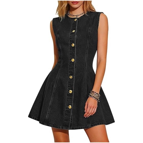 Robe en Denim Sans Manches Décontractée pour Femmes Coupe Ajustée Simple Boutonnage Ligne A Été Jeans Midi Avec Poches