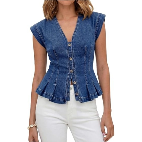 Women's V-Neck Denim Vest Top Casual Button Down Slim Fit Peplum Sleeveless Denim Blouse Light Dark Blue Black Cotton Blend