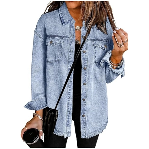 Women Casual Oversized Denim Shirt Jacket Frayed Raw Hem Long Sleeve Single Breasted Shacket With Pockets Solid Color Top