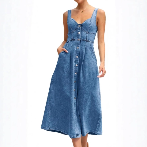 Robe Midi en Denim Délavé Décontractée pour Femmes Sans Manches Simple Boutonnage Ligne A Robe d'été Avec Poches et Dos Smocké