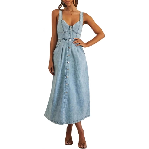 Robe Midi en Denim Délavé Décontractée pour Femmes Sans Manches Simple Boutonnage Ligne A Robe d'été Avec Poches et Dos Smocké