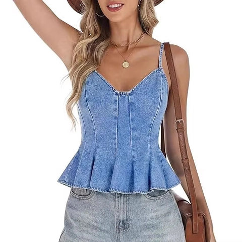 Γυναικείο Τζιν Τοπ Peplum Βίντατζ Λαιμόκοψη V Ρυθμιζόμενες Τιράντες Στενή Γραμμή Βαμβακερό Αμάνικο Peplum Τοπ Καλοκαίρι