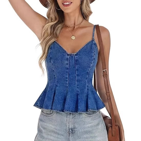 Γυναικείο Τζιν Τοπ Peplum Βίντατζ Λαιμόκοψη V Ρυθμιζόμενες Τιράντες Στενή Γραμμή Βαμβακερό Αμάνικο Peplum Τοπ Καλοκαίρι
