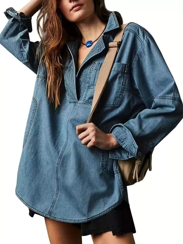 Giacca di Jeans da Donna con Scollo a V Manica Lunga Vestibilità Larga Casual Lavata Shacket Tinta Unita Camicia Moda Capispalla