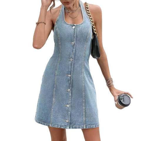 Robe Femme Décontractée en Jean Bleu Clair Cou Halter Simple Boutonnage Sans Manches Ligne A en Mélange de Coton Lavé Mini