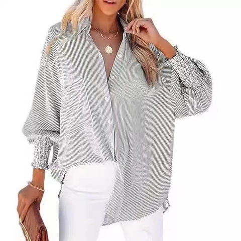 Camisa Casual de Rayas para Mujer Manga Larga Extragrande Holgada Blusa con Botones Puños Fruncidos Protección Solar Cover Up de Playa Top