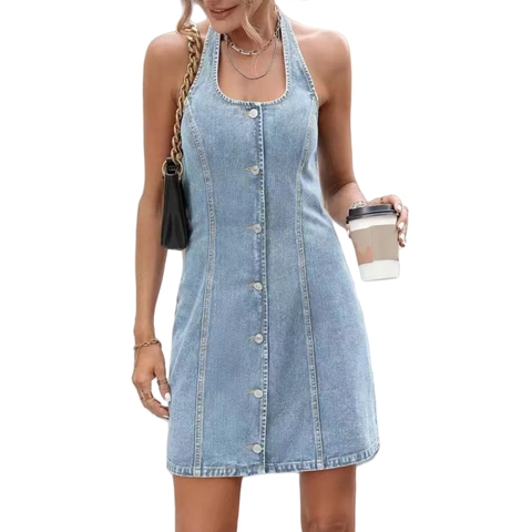 Dames Casual Lichtblauw Denim Halternek Jurk Single Breasted Mouwloos A-Lijn Gewassen Katoenmix Mini Zomerjurk