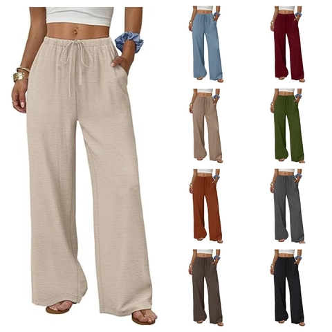 Women Casual Wide Leg Pants With Pockets Elastic Waist Drawstring Loose Straight Full Length Trousers Minimalist Fashion High Waisted Vacation Daily Wear
