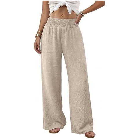 Pantalon Large à Taille Haute pour Femmes avec Taille Élastique Smokée Texturé Décontracté Pantalon Droit pour les Vacances
