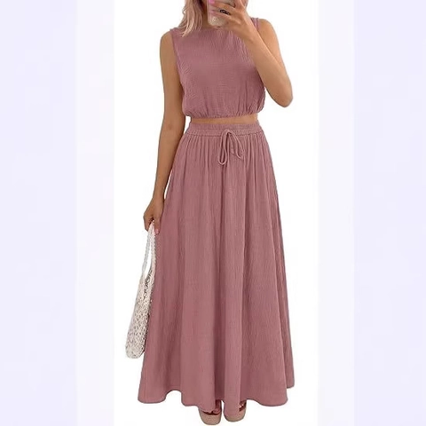 Ensemble Jupe Deux Pièces Été Femme Haut Court à Col Rond Sans Manches Et Jupe Maxi à Taille Haute Avec Poches Ensemble Texturé