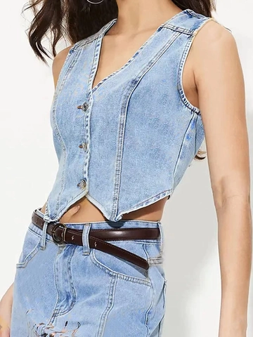 Top Gilet di Jeans da Donna con Scollo a V Casual Abbottonato Slim Fit Gilet in Denim Lavato Trendy Senza Maniche Streetwear Top