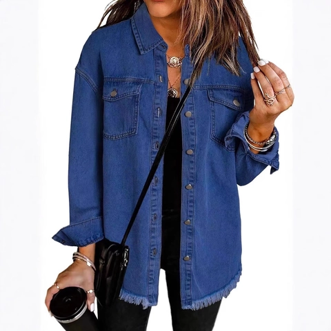 Women Casual Oversized Denim Shirt Jacket Frayed Raw Hem Long Sleeve Single Breasted Shacket With Pockets Solid Color Top