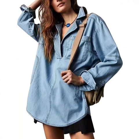 Dames Oversize Gewassen Denim Overhemd Casual V-hals Geplooid Lange Mouw Katoenen Blouse Met Zakken Streetwear Mode Top