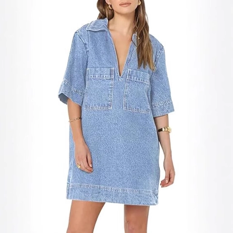 Damen Casual Denim Mini Kleid Gewaschene Baumwolle V-Ausschnitt Revers Kurzarm Hängerkleid Mit Taschen Mode Locker Tunika Kleid
