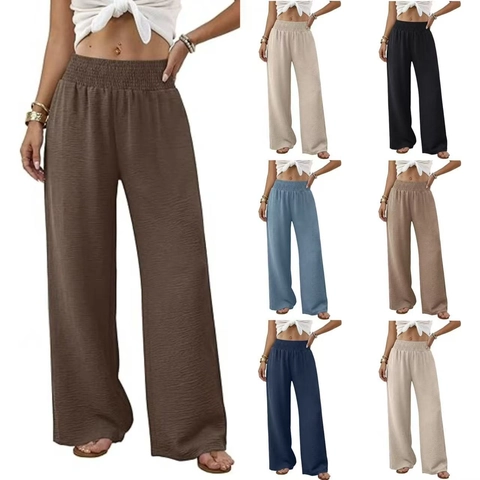 Pantalon Large à Taille Haute pour Femmes avec Taille Élastique Smokée Texturé Décontracté Pantalon Droit pour les Vacances