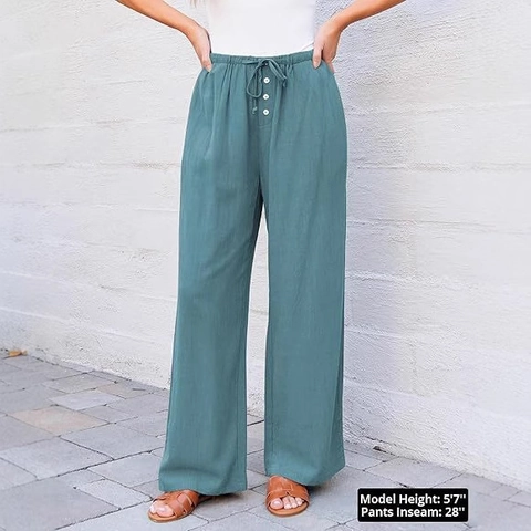 Women High Waisted Wide Leg Pants Cotton Blend Drawstring Casual Summer Trousers With Pockets Button Decor Fashion Loose Fit
