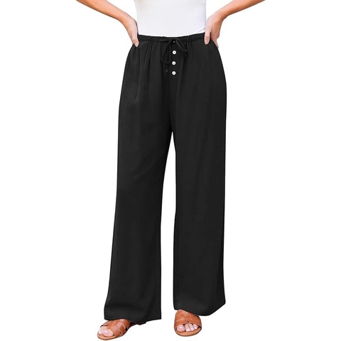 Women High Waisted Wide Leg Pants Cotton Blend Drawstring Casual Summer Trousers With Pockets Button Decor Fashion Loose Fit