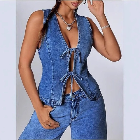 Women Vintage Washed Denim Vest V Neck Tie Front Bow Slim Fit Sleeveless Denim Waistcoat Top Casual Streetwear