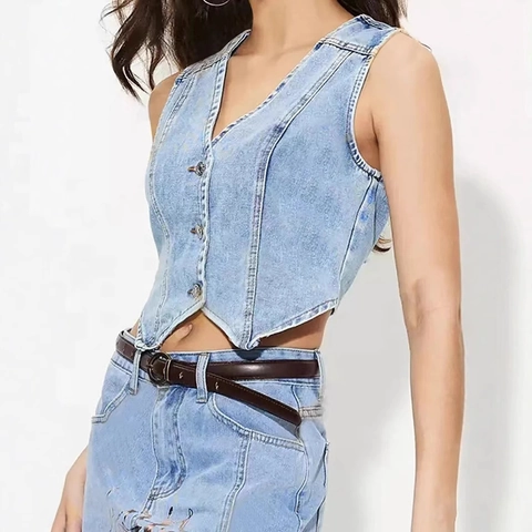 Gilet en Jean à Col en V pour Femmes Sans Manches Boutonné Court Veste en Jean Mode Décontractée Haut en Jean Lavé pour Femmes