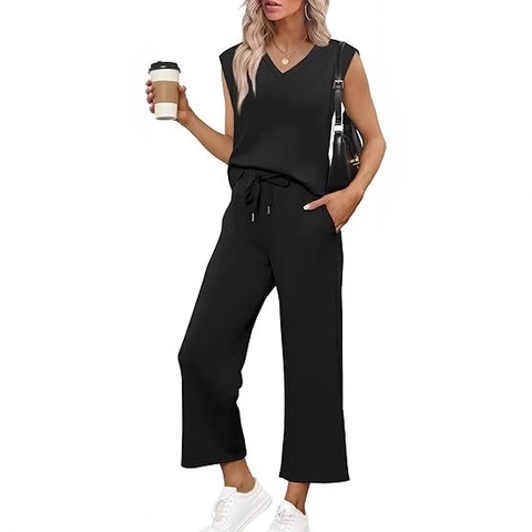 Dames Casual Mouwloze Tanktop met V-hals en Wijde Pijpen met Trekkoord Loungewear Mode Effen Kleur Zomer Zachte Set