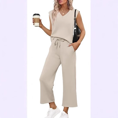 Dames Casual Mouwloze Tanktop met V-hals en Wijde Pijpen met Trekkoord Loungewear Mode Effen Kleur Zomer Zachte Set