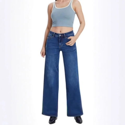 Jeans Donna a Vita Alta Gamba Larga Elasticizzati Pantaloni Denim Gamba Dritta Vestibilità Larga Casual Stile Vintage Per la Primavera