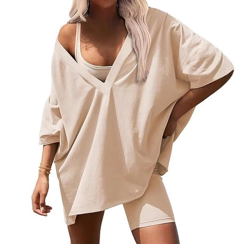 Damen Casual V-Ausschnitt Seitenschlitz Lockeres Oberteil Und Hohe Taille Radlerhose Outfit Sommer Oversized Einfarbig Streetwear Loungewear Co-ords