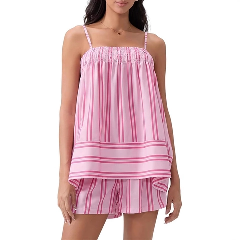 Completi da Donna Estate Casual a Righe Top a Canotta E Pantaloncini Coordinati Punto Smock Spalline Sottili Vacanze Traspirante Senza Maniche