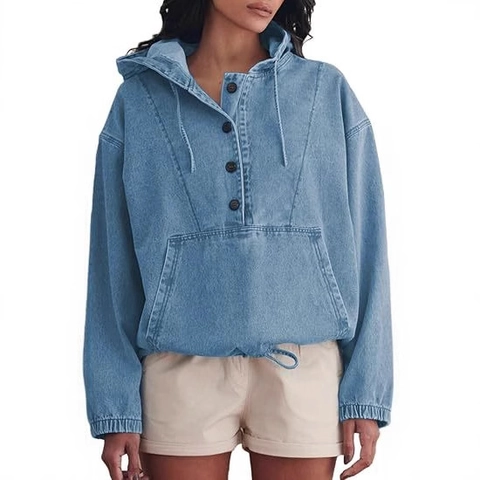 Dames Casual Denim Hoodie Jas Knoopsluiting Pullover Sweatshirt Met Kangoeroezak Losse Pasvorm Gewassen Jeans Top