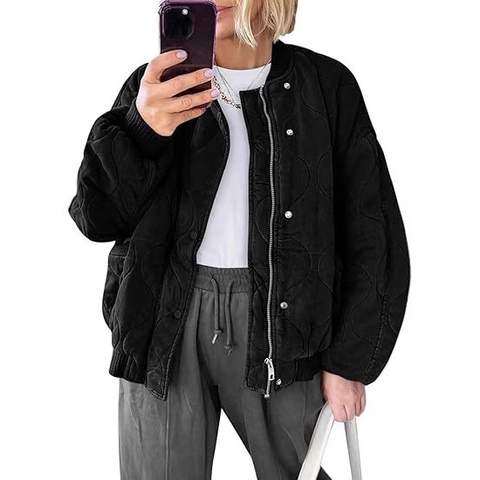 Women Quilted Bomber Jacket Casual Loose Onion Quilted Long Sleeve Padded Coat Fashion Zip Up Button Down Outerwear