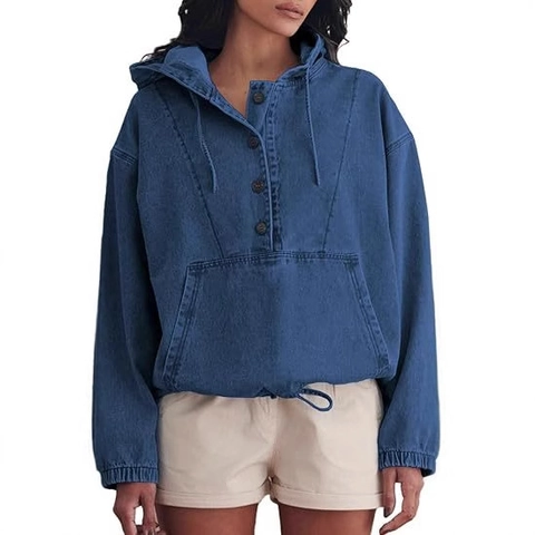 Dames Casual Denim Hoodie Jas Knoopsluiting Pullover Sweatshirt Met Kangoeroezak Losse Pasvorm Gewassen Jeans Top